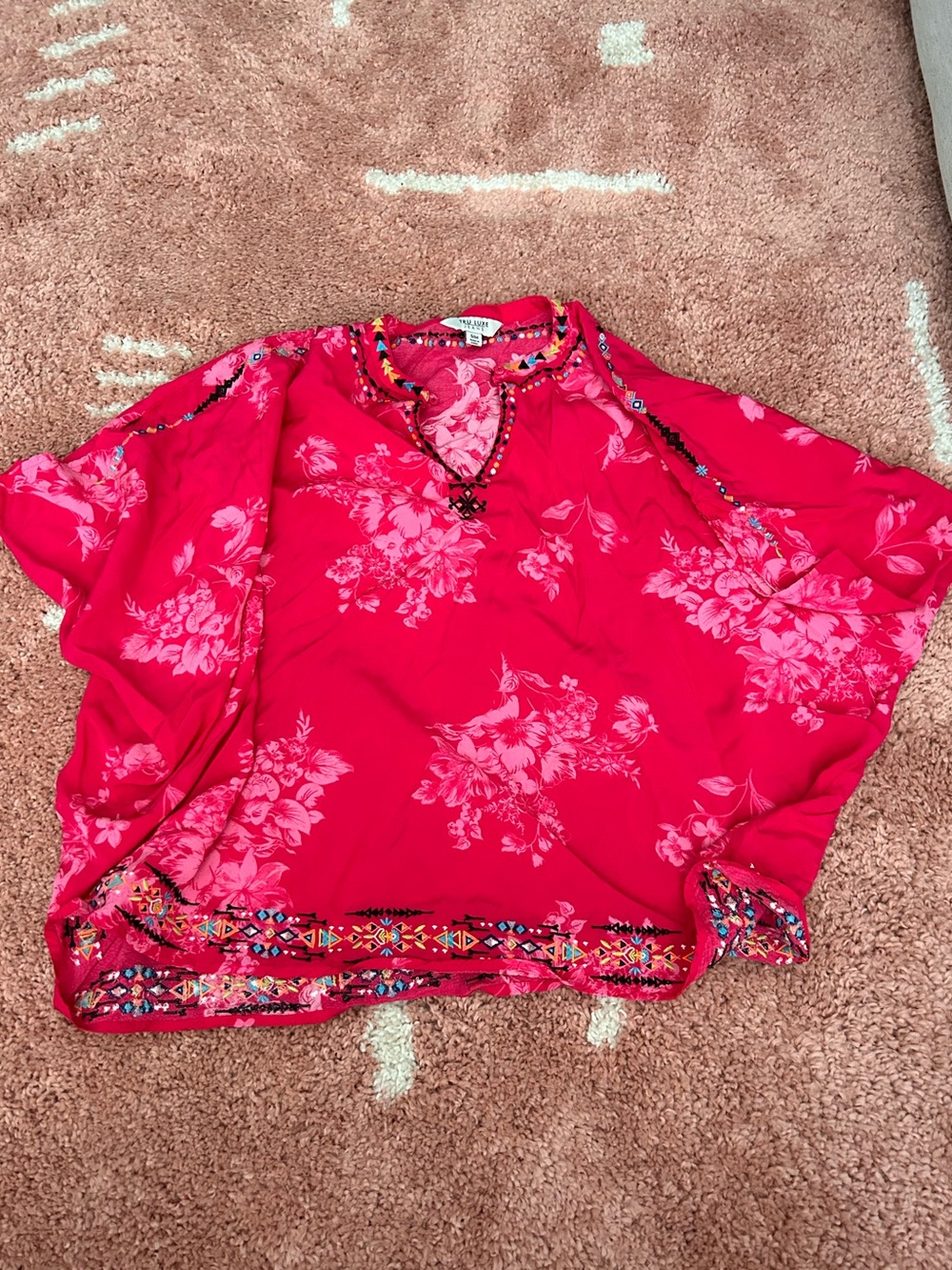 Tru Luxe Jeans Hot Pink Floral V-Neck Tunic with Embroidered Hem